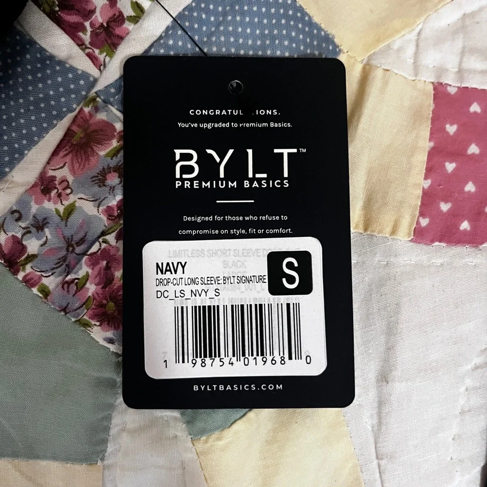 BYLT Premium Basics Signature Drop-Cut Long Sleeve Shirt Navy Blue Mens Small